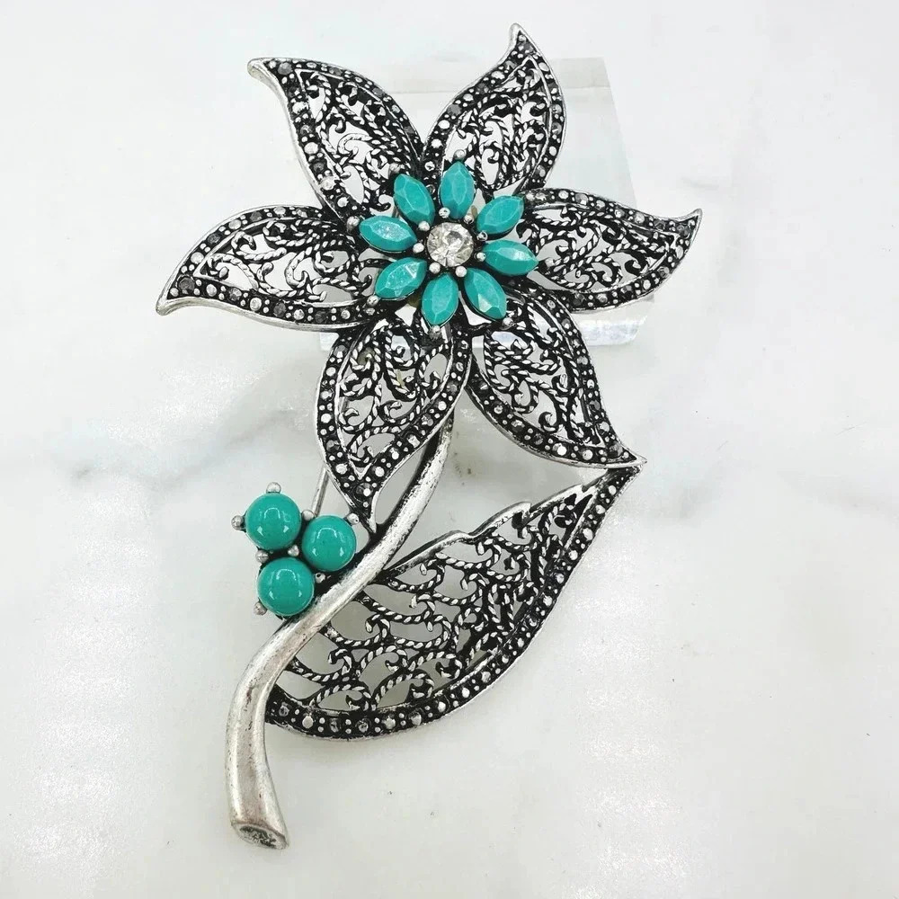 Big 3.25” Flower Brooch Pin Filigree Faux Turquoise Rhinestone Marcasite